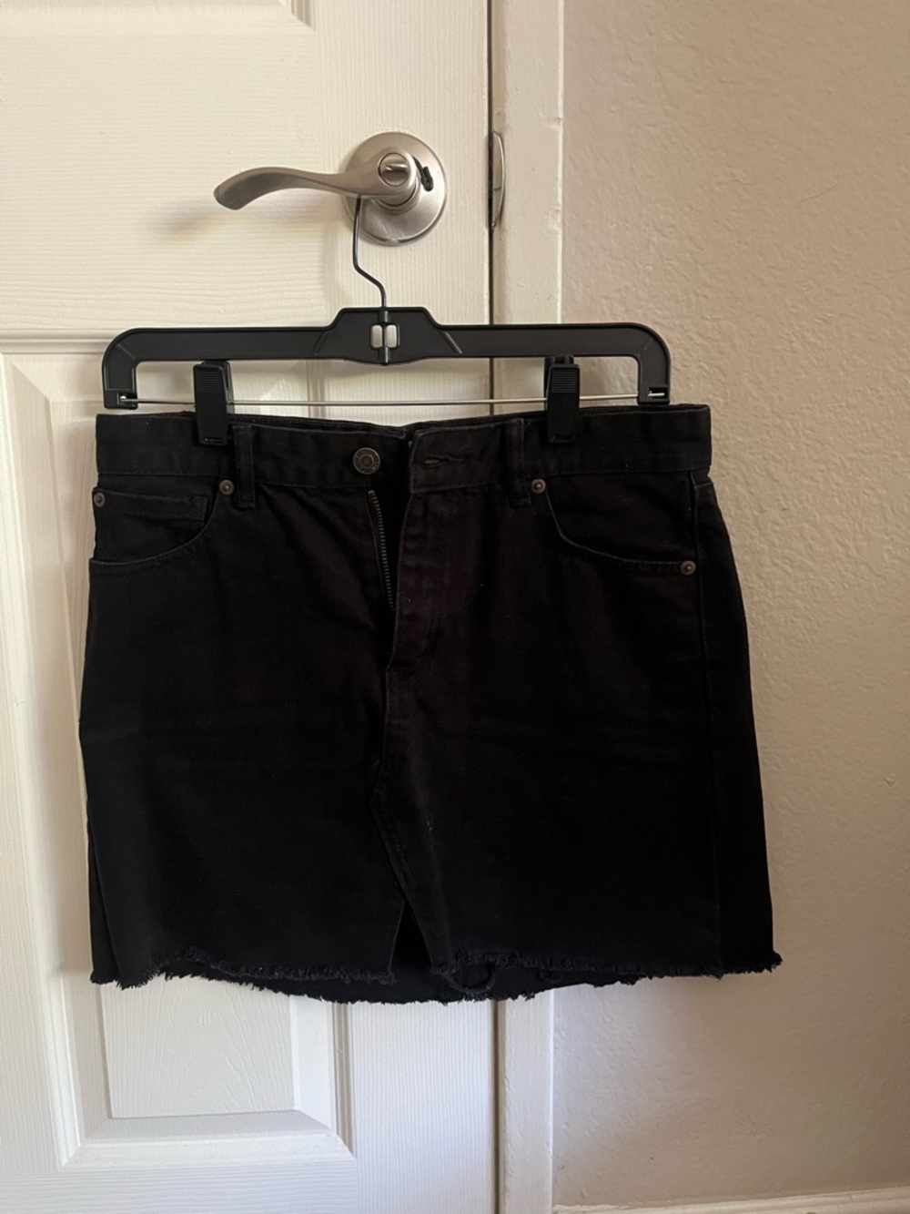 Scout Black Denim Mini Skirt with Frayed Hem